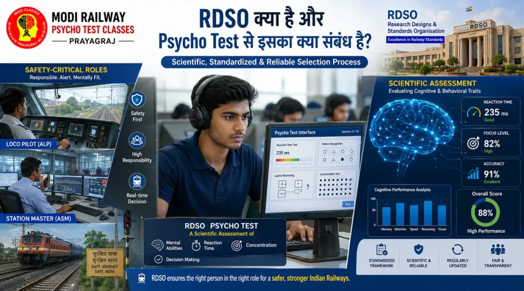 RDSO psycho test pattern infographic showing railway psycho test process, loco pilot assessment, and scientific railway selection system