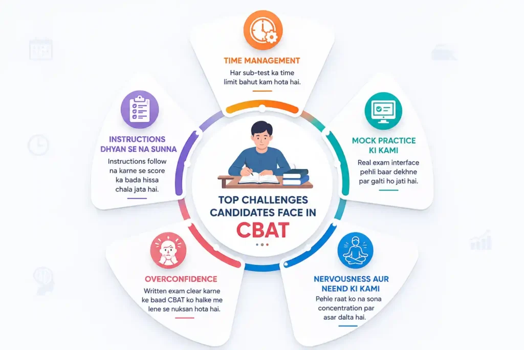 CBAT candidates ki common mistakes ka infographic, including time management, mock practice, instructions, overconfidence aur nervousness