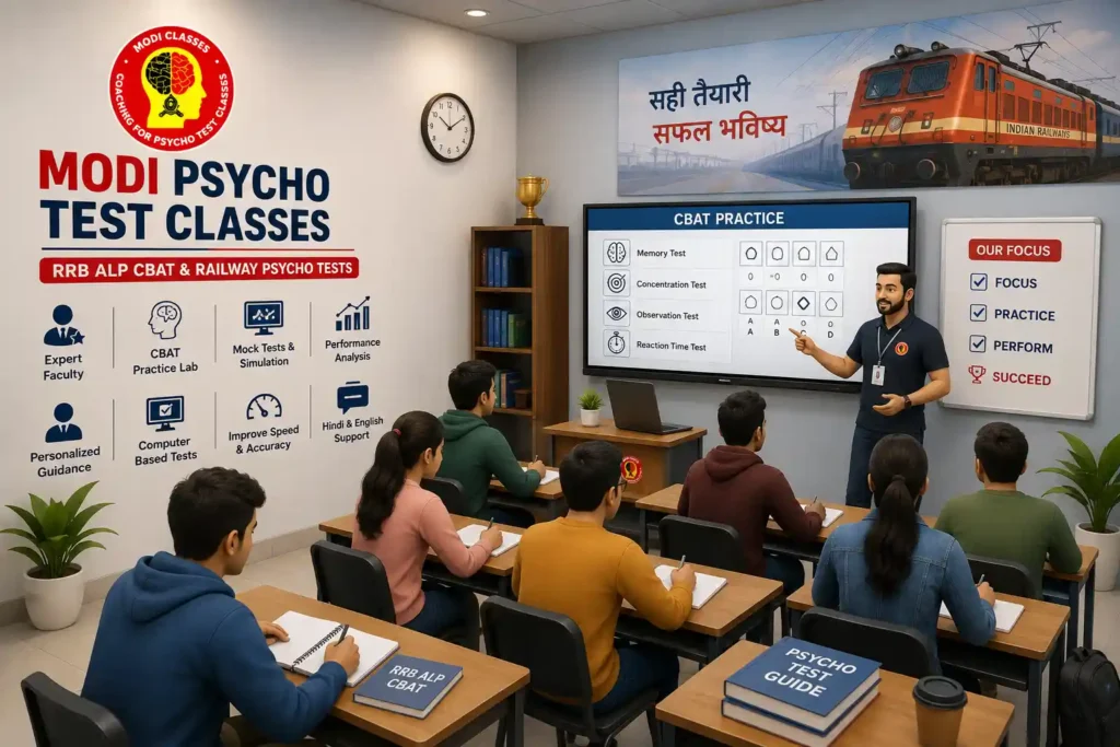 3D illustration of Modi Psycho Test Classes Prayagraj showing students in a modern railway CBAT coaching classroom with an instructor, railway-themed background, and RRB ALP Psycho Test preparation branding.