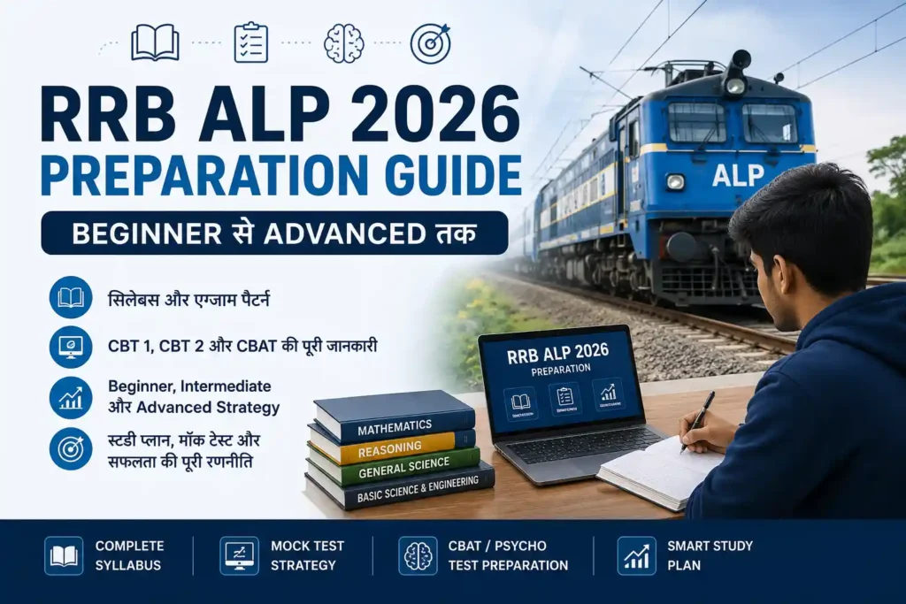 RRB ALP 2026 Preparation Guide covering syllabus, exam pattern, CBT 1, CBT 2, CBAT and beginner to advanced study strategy.